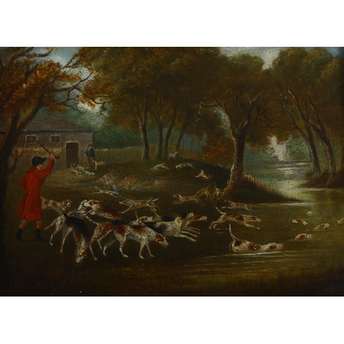 658 - Attributed to John Nost Sartorius, 4 otter, stag and fox hunting scenes, oils on copper, unsigned, 1... 