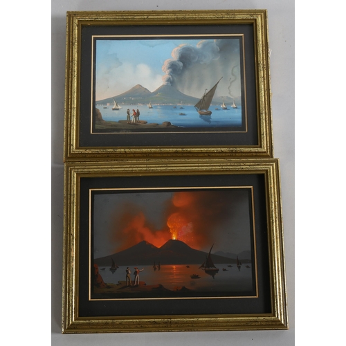 660 - 19th century Neopolitan School, pair of views of Vesuvius erupting by day and night, gouache on card... 