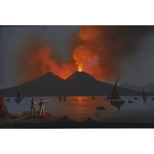 660 - 19th century Neopolitan School, pair of views of Vesuvius erupting by day and night, gouache on card... 