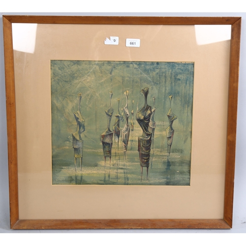 661 - Mid-20th century mixed media ink/watercolour on paper, surrealist forms, indistinctly signed and dat... 