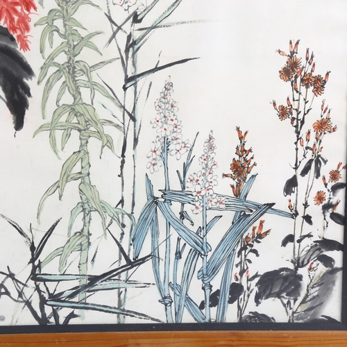 663 - Chinese School, ink and watercolour on paper, botanical study with text inscription, 80cm x 74cm, fr... 