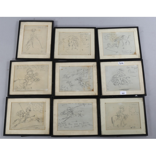 669 - A set of 9 pencil caricature studies of polo players, signed with monograms, 17cm x 22cm, framed