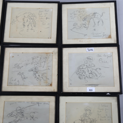 669 - A set of 9 pencil caricature studies of polo players, signed with monograms, 17cm x 22cm, framed