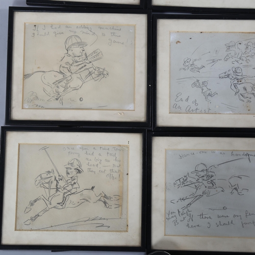 669 - A set of 9 pencil caricature studies of polo players, signed with monograms, 17cm x 22cm, framed