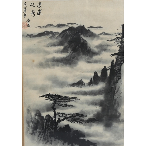 672 - A Chinese watercolour mountain-top scene, with character marks, framed, image 41cm x 28cm