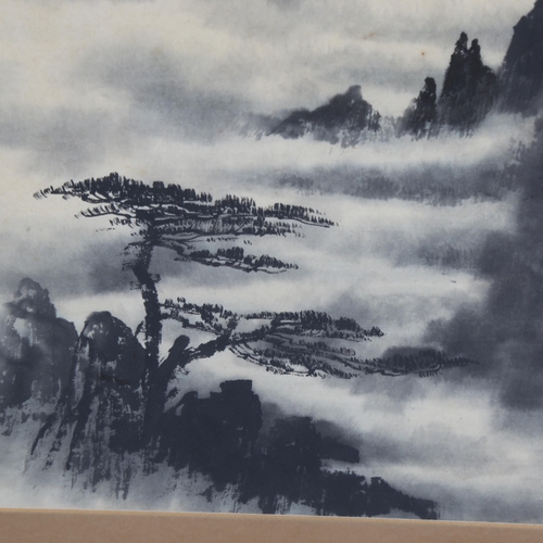 672 - A Chinese watercolour mountain-top scene, with character marks, framed, image 41cm x 28cm