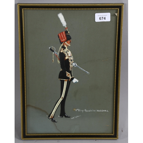 674 - Jack Challenor, 8th King's Royal Irish Hussars uniform, gouache on grey paper, signed, 33cm x 23cm, ... 