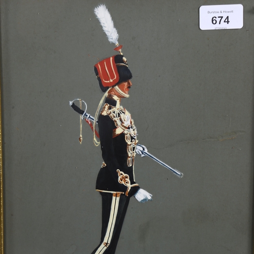 674 - Jack Challenor, 8th King's Royal Irish Hussars uniform, gouache on grey paper, signed, 33cm x 23cm, ... 