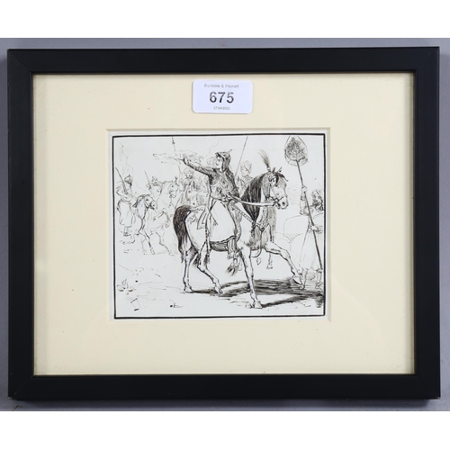 675 - 19th century illustration art, a military parade, pen and ink, 12cm x 14cm, framed