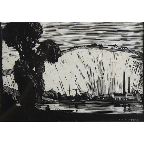 676 - Sidney Weeks RA (1878 - 1945), industrial scene below cliffs, ink scraper board, signed, 11cm x 16cm... 