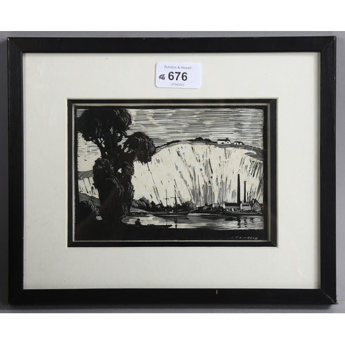 676 - Sidney Weeks RA (1878 - 1945), industrial scene below cliffs, ink scraper board, signed, 11cm x 16cm... 