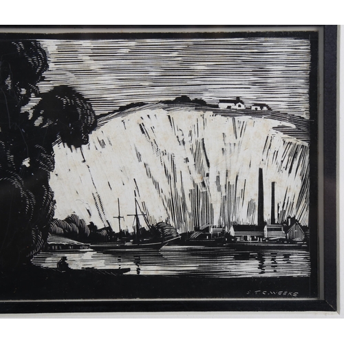 676 - Sidney Weeks RA (1878 - 1945), industrial scene below cliffs, ink scraper board, signed, 11cm x 16cm... 