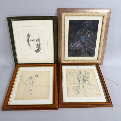 695 - Valentine Hugo Group, original lithograph, 1940s illustration and 2 drawings, framed (4)