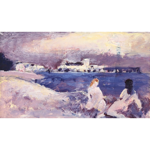 707 - Fyffe Christie (1918-1979), oil on card, Figures by the Shore, 9cm x 15cm, mounted and framed. Prove... 