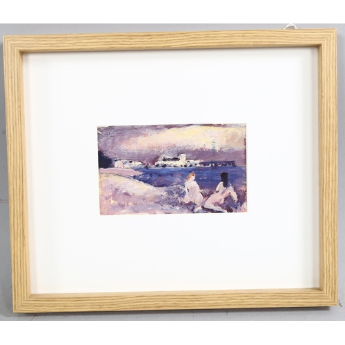 707 - Fyffe Christie (1918-1979), oil on card, Figures by the Shore, 9cm x 15cm, mounted and framed. Prove... 