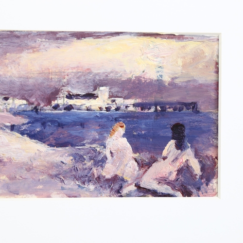 707 - Fyffe Christie (1918-1979), oil on card, Figures by the Shore, 9cm x 15cm, mounted and framed. Prove... 