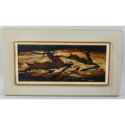 722 - Edward Elliott (active 1898-1924), oil on board, Stag-Hunting, signed lower left, 16.5cm x 39.5cm, f... 