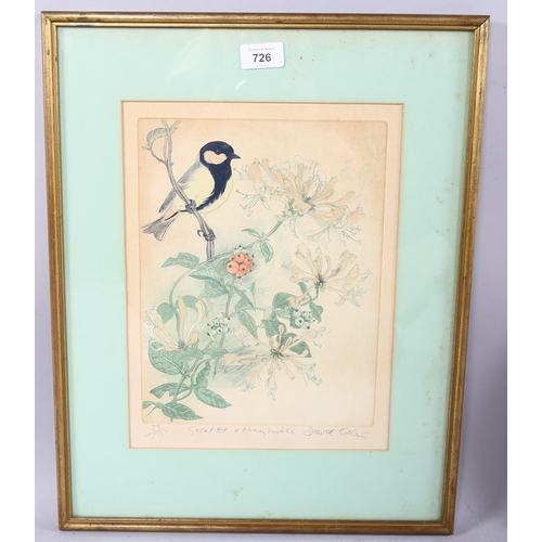 726 - David Koster (1926-2014), limited edition engraving on paper, Great Tit and Honeysuckle, signed, tit... 