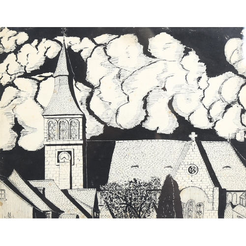 728 - Michael Kelly (1920-1963), ink on paper, Deauville Church 1946, monogrammed, 23cm x 29 cm, mounted, ... 