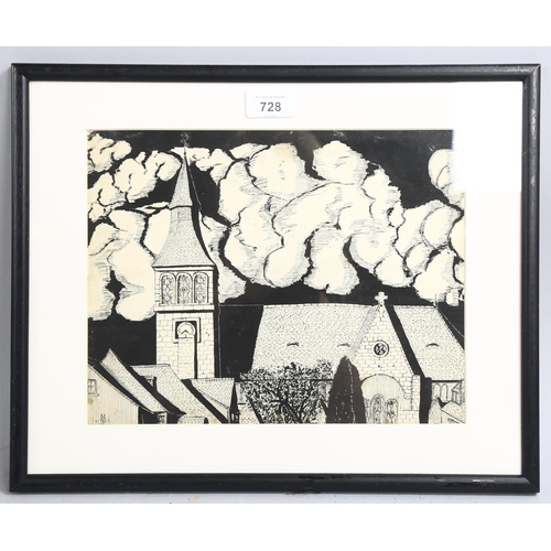 728 - Michael Kelly (1920-1963), ink on paper, Deauville Church 1946, monogrammed, 23cm x 29 cm, mounted, ... 