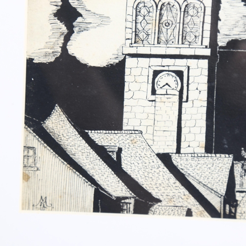 728 - Michael Kelly (1920-1963), ink on paper, Deauville Church 1946, monogrammed, 23cm x 29 cm, mounted, ... 