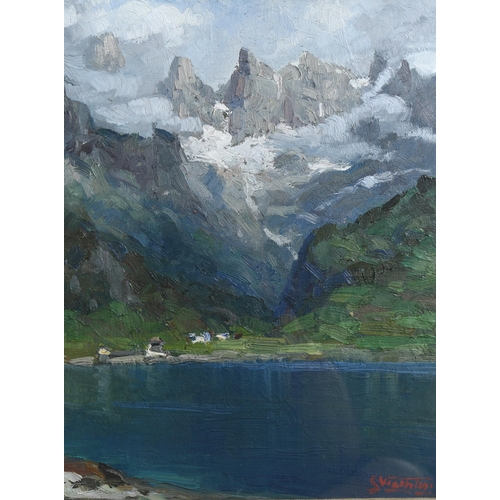 731 - Luigi Vicentini (1901 - 1970), mountain lake scene, oil on board, signed, artist inscription verso w... 