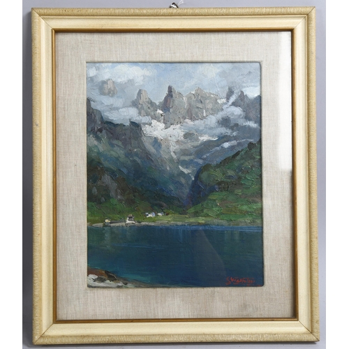 731 - Luigi Vicentini (1901 - 1970), mountain lake scene, oil on board, signed, artist inscription verso w... 