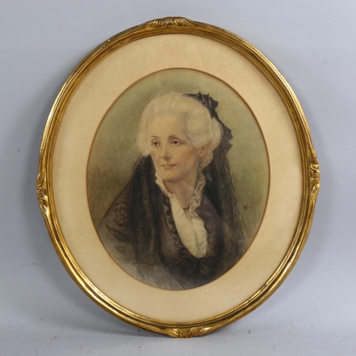 733 - Watercolour portrait of a woman, circa 1900, signed with monogram, 35cm x 28cm, framed