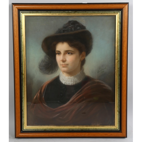 736 - 19th century portrait of a woman, coloured pastels on paper, indistinctly signed, dated 1881, 60cm x... 