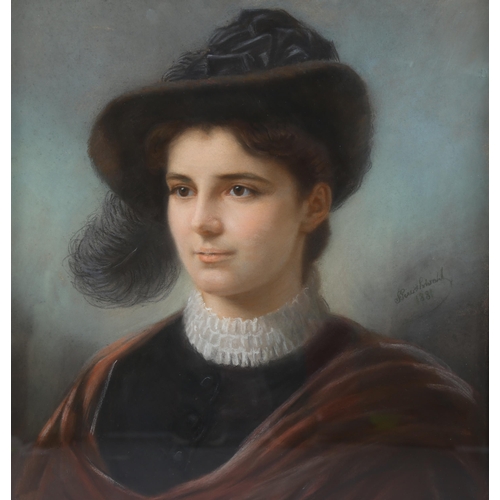 736 - 19th century portrait of a woman, coloured pastels on paper, indistinctly signed, dated 1881, 60cm x... 