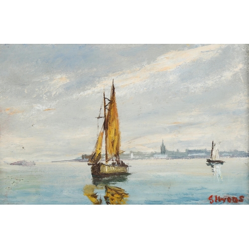 738 - 20th century oil on board, boats in harbour, indistinctly signed, 16cm x 26cm, framed