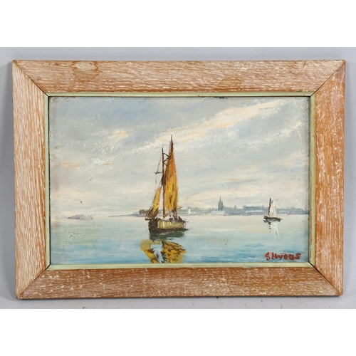 738 - 20th century oil on board, boats in harbour, indistinctly signed, 16cm x 26cm, framed