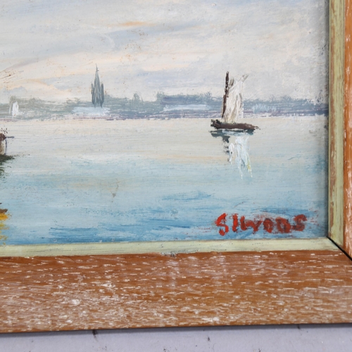 738 - 20th century oil on board, boats in harbour, indistinctly signed, 16cm x 26cm, framed