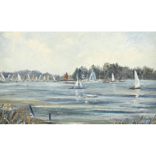 741 - Mid-20th century French School, sailing boats on a river, oil on board, unsigned, 30cm x 50cm, frame... 