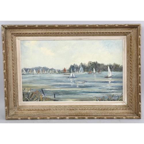 741 - Mid-20th century French School, sailing boats on a river, oil on board, unsigned, 30cm x 50cm, frame... 