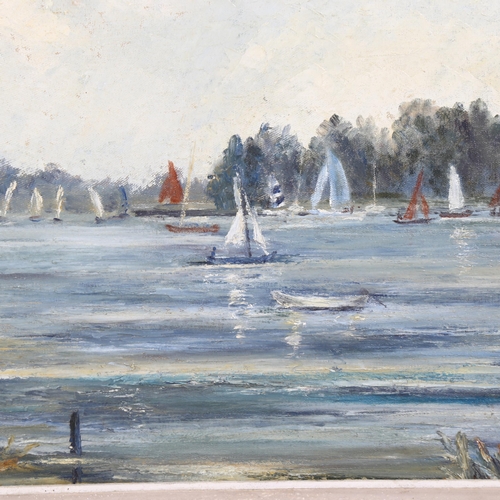 741 - Mid-20th century French School, sailing boats on a river, oil on board, unsigned, 30cm x 50cm, frame... 