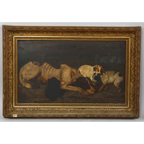 745 - 19th century oil on wood panel, hound and puppies, signed with monogram AW, 24cm x 40cm, framed