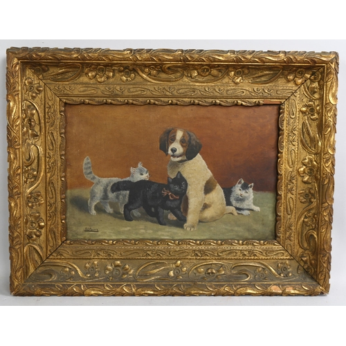 746 - V J Preaux, cats and dog, oil on canvas, signed, 27cm x 42cm, framed