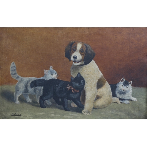 746 - V J Preaux, cats and dog, oil on canvas, signed, 27cm x 42cm, framed