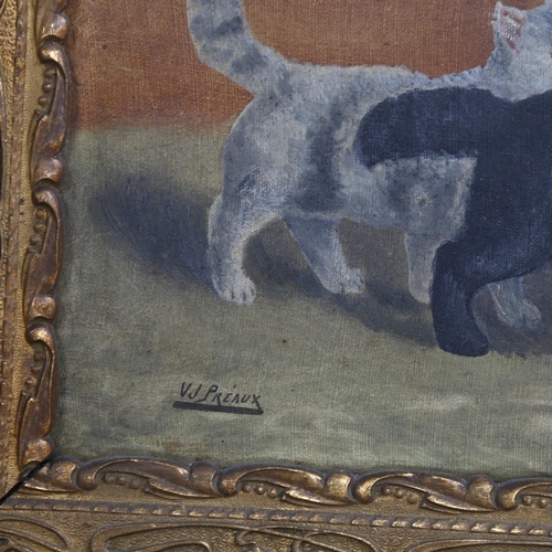 746 - V J Preaux, cats and dog, oil on canvas, signed, 27cm x 42cm, framed