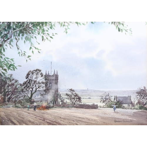 749 - Ashton Cannell (1927 - 1994), the bonfire Arbory Church Isle of Man, watercolour, signed, 25cm x 35c... 