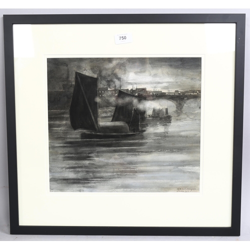 750 - William Brown Macdougall (1868 - 1936), Thames industrial river scene, watercolour, signed and dated... 