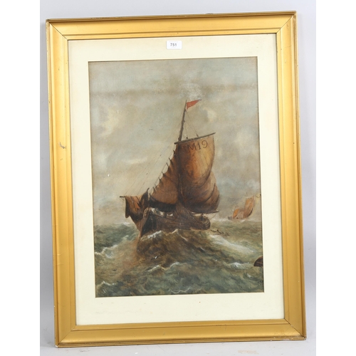 751 - Watercolour, sailing barges in a storm, signed with monogram, dated '02, 60cm x 43cm, framed