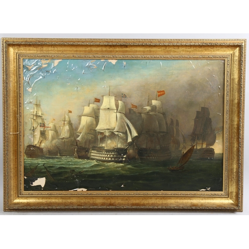 753 - 20th century dramatic sea battle scene, oil on canvas, unsigned, 50cm x 75cm, framed, A/F