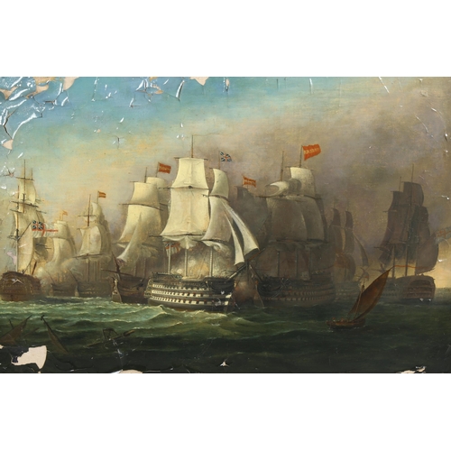 753 - 20th century dramatic sea battle scene, oil on canvas, unsigned, 50cm x 75cm, framed, A/F