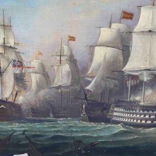 753 - 20th century dramatic sea battle scene, oil on canvas, unsigned, 50cm x 75cm, framed, A/F