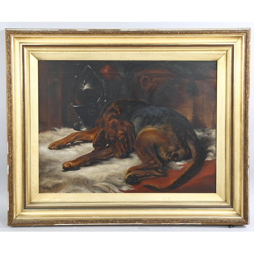 754 - Early 20th century oil on canvas, a sleeping dog, unsigned, 53cm x 71cm, framed