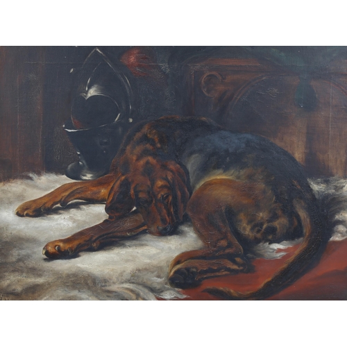 754 - Early 20th century oil on canvas, a sleeping dog, unsigned, 53cm x 71cm, framed