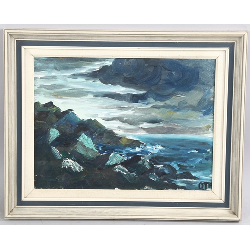 757 - D J Houlder, storm swept seascape, oil on canvas, signed with monogram, 30cm x 40cm, framed