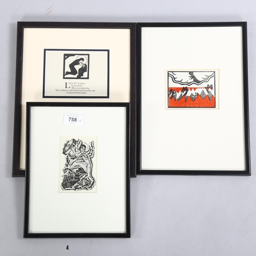 758 - Eric Gill, 3 wood engravings, including the revelation published 1936, 11cm x 7cm, framed (3)